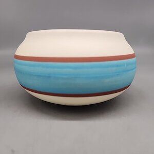 Native American Southwest Pueblo Pottery Acoma Bowl Vase White Blue Brown 5x3"